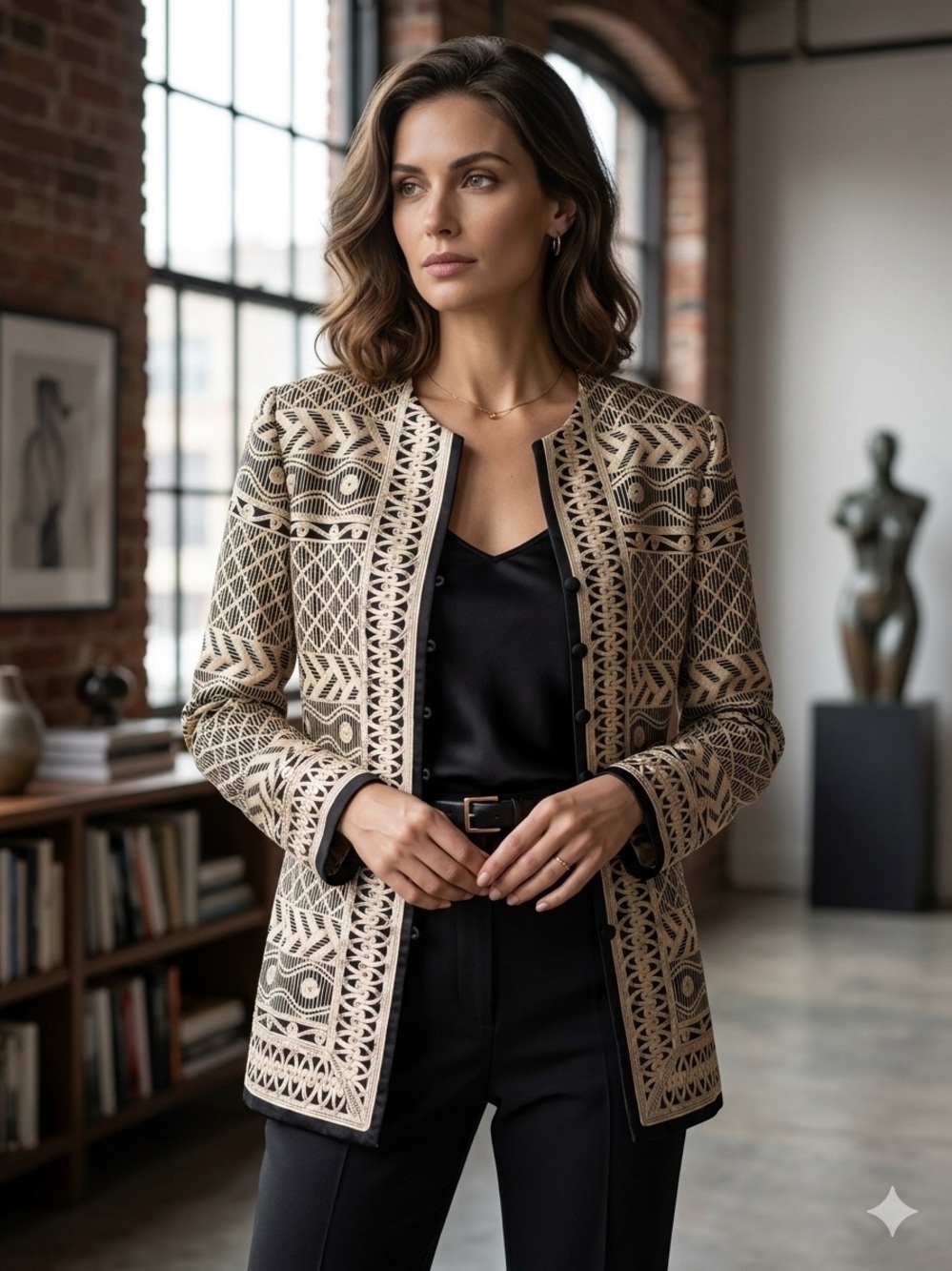Vintage Adrianna Papell 100% Silk Geometric Blazer Jacket Beige Black 10